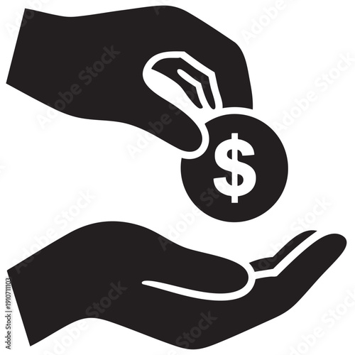 An illustration of a hand exchanging a coin with a dollar sign for another hand in a business transaction or financial exchange scene from a straightforward viewpoint