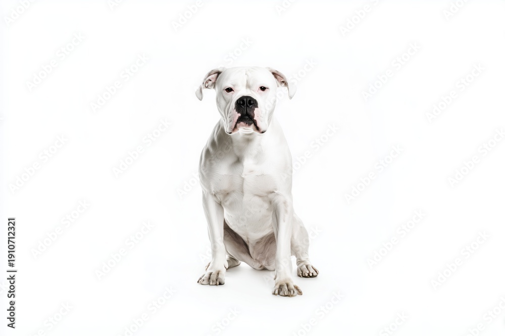 Fototapeta premium White american bulldog dog sits on a white background with a focused expression and an upright posture during indoor photoshoot