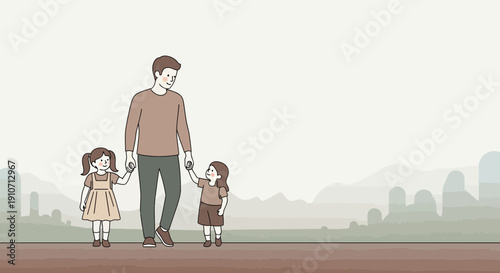 Father and Daughters Walking Together in a Cityscape.