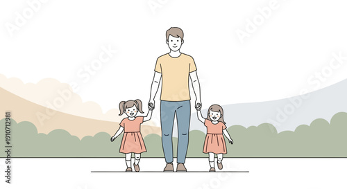 Father and daughters walking together in a park illustration.
