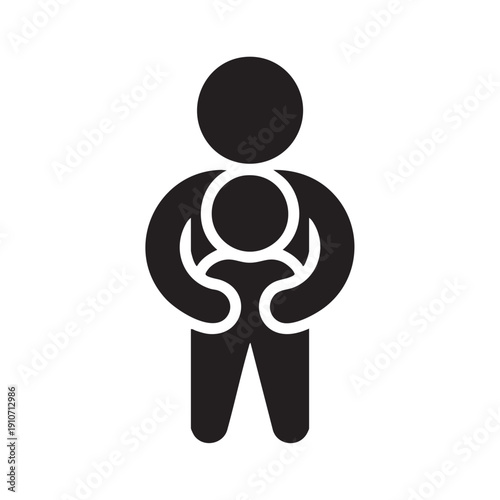 Simple graphic illustration of a person holding a baby in a sling on a neutral background from a straightforward viewpoint showing the comfort and closeness between the adult and the child
