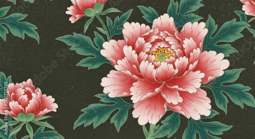 Detailed close-up of a vibrant ceramic tile featuring a traditional Chinese-style peony blossom pattern, ideal for luxurious interior design ,elegant ,luxury ,home decor