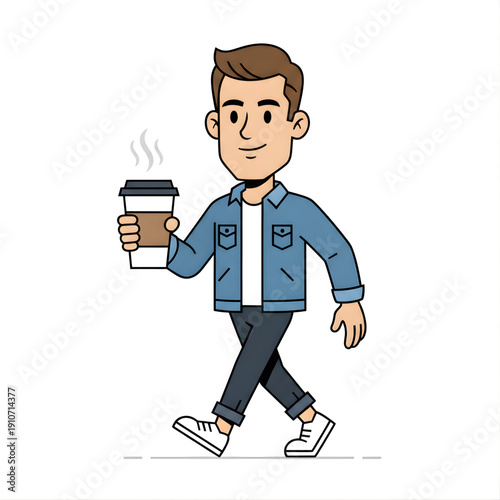 man walking with takeaway coffee cup, casual outfit, confident posture, vector caricature