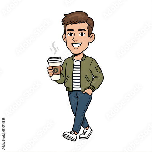 man walking with takeaway coffee cup, casual outfit, confident posture, cute vector caricature
