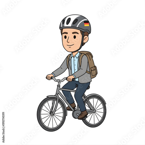 professional riding bicycle to work, helmet and backpack, vector caricature