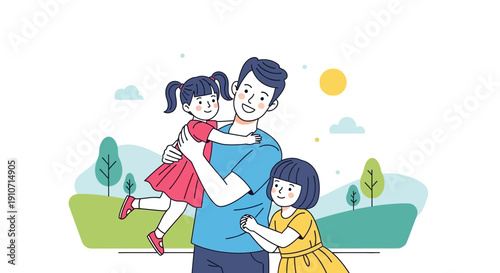 Fathers Day Illustration Dad Holding Daughter with Another Child Nearby.