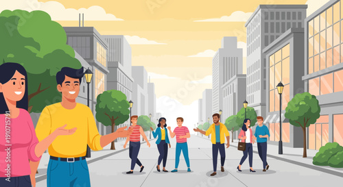 Group of people walking and talking on a city street.