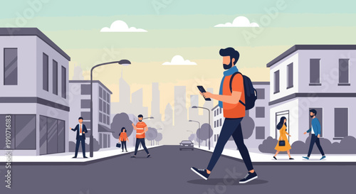 Man engrossed in phone while crossing city street oblivious to surroundings.