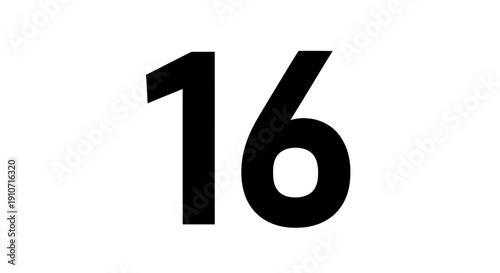 Black Number Sixteen on White Background.