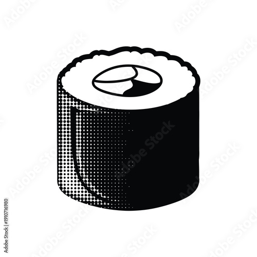 Sushi roll minimal black and white icon with halftone dots texture design element