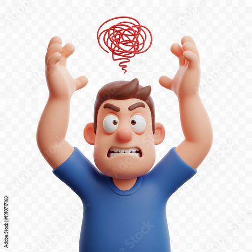 A cartoon man with a confused expression and a tangled red thought bubble above his head