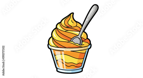 Swirled Orange and Yellow Soft Serve Ice Cream in a Cup with Spoon.
