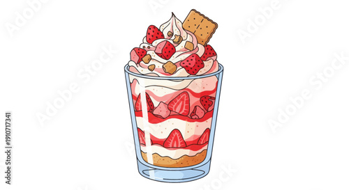 Delicious Strawberry Parfait Dessert with Whipped Cream and Biscuit.