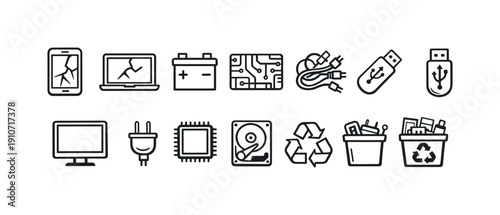 Collection of electronic waste and recycling icons for digital design and infographics