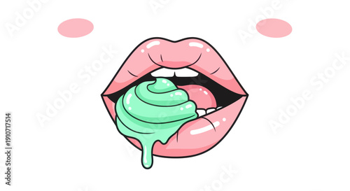 Open Mouth with Pink Lips and Dripping Green Ice Cream.