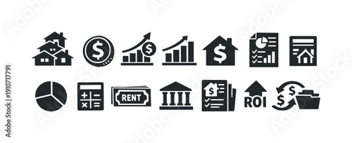 Collection of real estate and finance icons representing investment growth and management