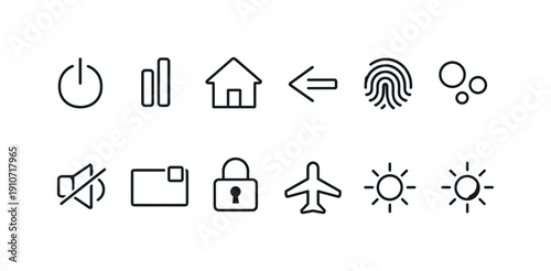 Collection of simple line icons representing common digital functions and symbols