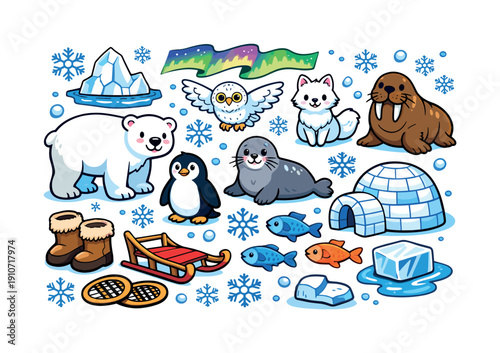 Cute Arctic Animals and Winter Elements Collection with Polar Bear, Penguin, and Walrus