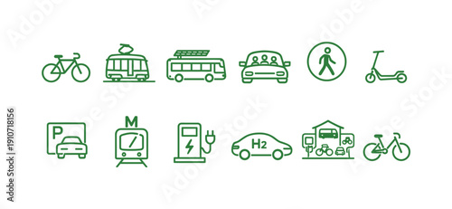 Collection of green icons representing sustainable urban transportation modes and infrastructure