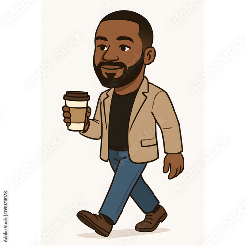 African man walking with takeaway coffee cup, casual outfit, confident posture, vector caricature