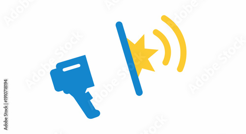 Blue key unlocking a door with a golden starburst and sound waves.