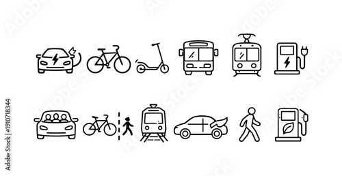 Collection of diverse transportation and energy icons for modern urban mobility concepts