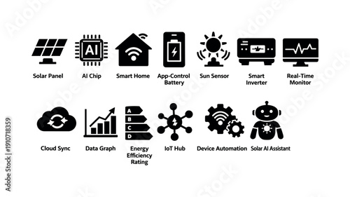 Collection of modern technology icons for smart home, AI, and renewable energy solutions