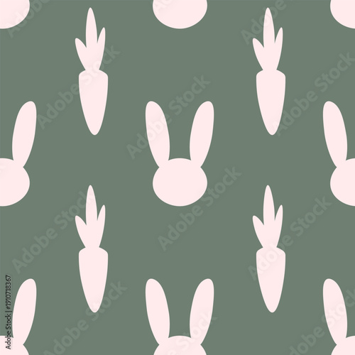Seamless minimalist vector pattern of light pink bunny head and carrot silhouettes on a dark dusty green background. Modern Easter design for textiles and seasonal decor.