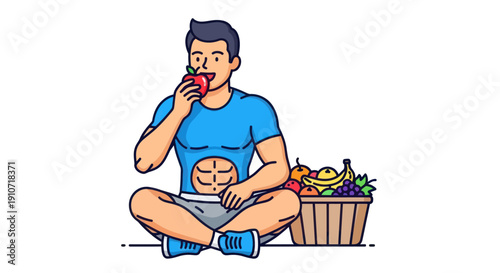 Muscular man eating an apple next to a basket of fresh fruit.