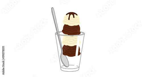 Delicious Layered Ice Cream Sundae in a Glass with Chocolate Topping and Spoon.