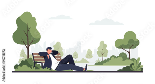 Man relaxing on park bench enjoying nature and peaceful atmosphere.