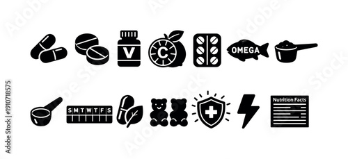 Collection of health supplement icons including pills, vitamins, omega-3, and nutrition facts