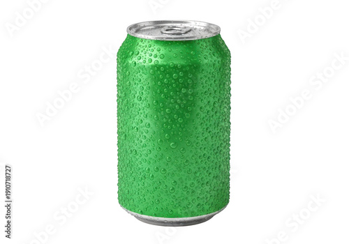 A green soda can with water droplets on it