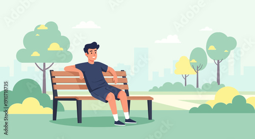Man Relaxing on Park Bench in Serene Outdoor Setting.