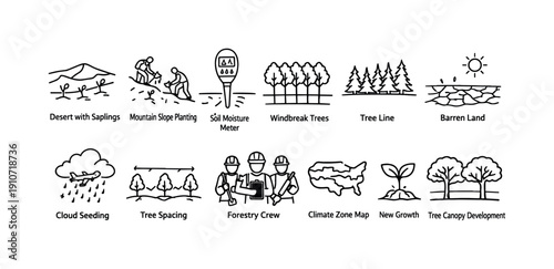Forestry and environmental science icons depicting reforestation and climate studies
