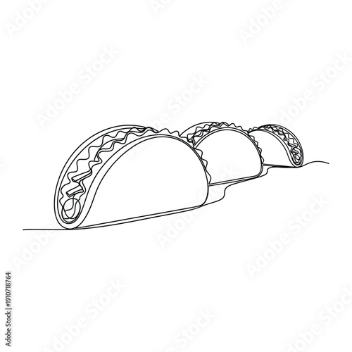 Tacos with various fillings drawn in continuous line art style  Mexican food