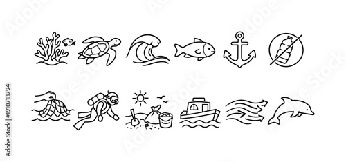 Ocean conservation icons: marine life, pollution prevention, and clean-up efforts