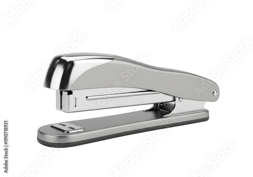 A silver stapler with a black handle