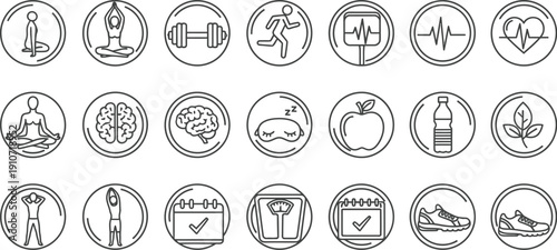 Collection of Simple Line Icons Representing Fitness and Wellness Concepts in Circular Frames