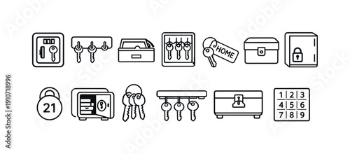 Collection of security and access icons including safes, keys, and key holders