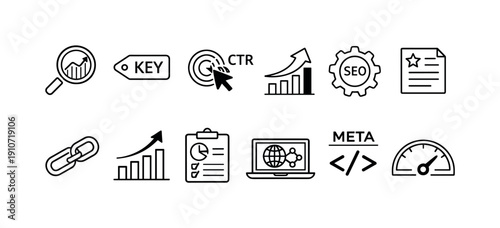 Collection of SEO icons representing search engine optimization and digital marketing strategies