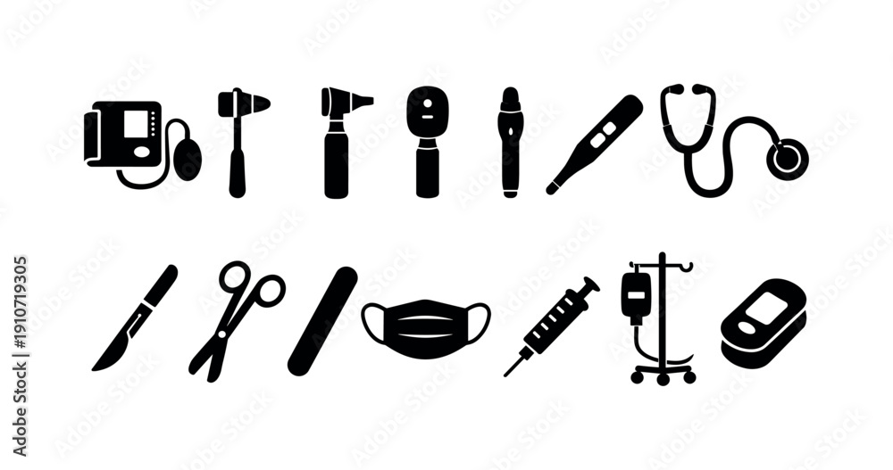 Fototapeta premium Collection of medical instruments and healthcare equipment icons on a white background