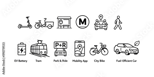 Collection of icons representing various modes of sustainable urban transportation and mobility services