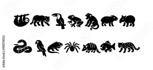 Collection of diverse South American jungle animals in silhouette, perfect for educational content