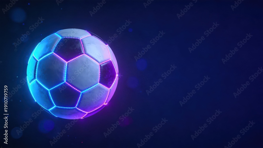 Naklejka premium Glowing neon soccer ball on dark futuristic background,sport technology concept,energy motion,modern football design,esports branding,digital competition,and creative sports illustration