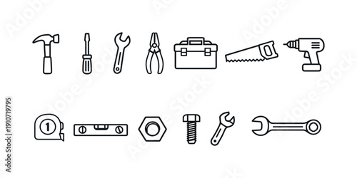 Collection of various hand tools and hardware icons in a clean outline style