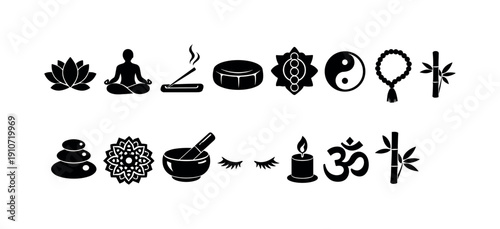 Collection of black icons representing wellness, yoga, meditation, and spiritual practices