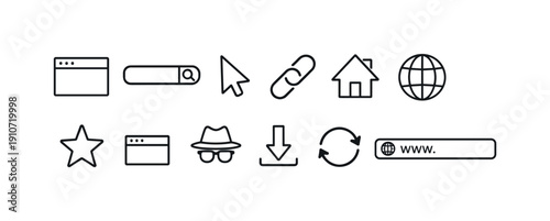 Collection of simple line icons representing web browsing and internet navigation elements