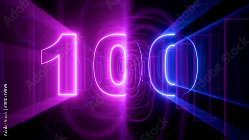 Neon number 100 on abstract futuristic background. Glowing pink and blue one hundred digits 3D illustration.