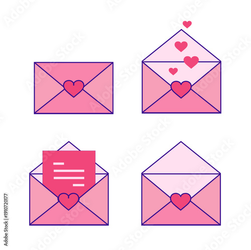 A set of icons with envelopes and letters for Valentine's Day. Declaration of love